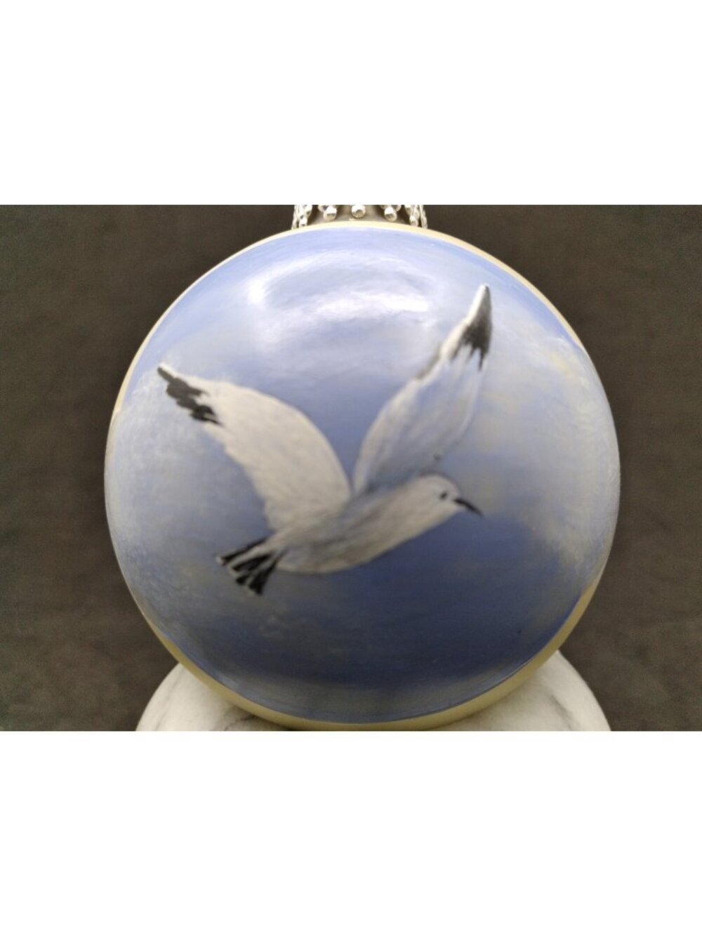 Vtg. Handpainted Flying Bird sky clouds Glass glossy Ball Hanging Ornament xmas